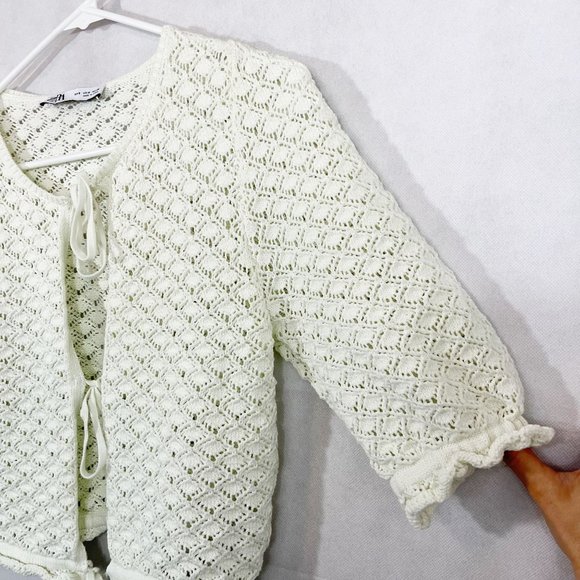 Zara Ivory Open Knit Tie Front Cardigan Ruffle Trim Cottage Boho - Size Small - Picture 3 of 7